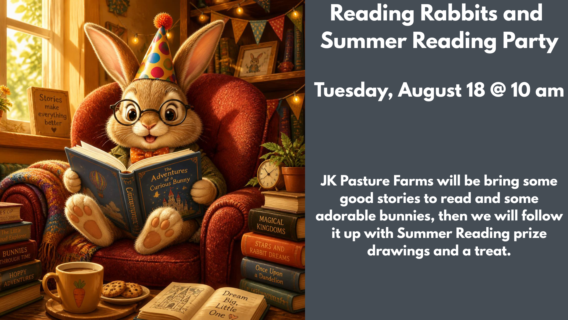 Reading Rabbits and
Summer Reading Party
Tuesday, August 18 @ 10 am
JK Pasture Farms will be bring some good stories to read and some adorable bunnies, then we will follow it up with Summer Reading prize drawings and a treat.